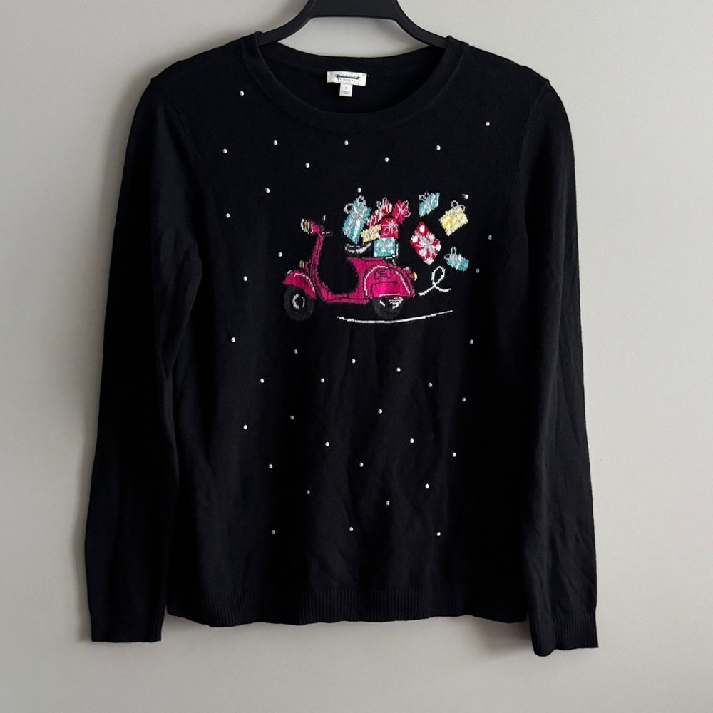 Talbots Black Sweater with Pink Scooter Design